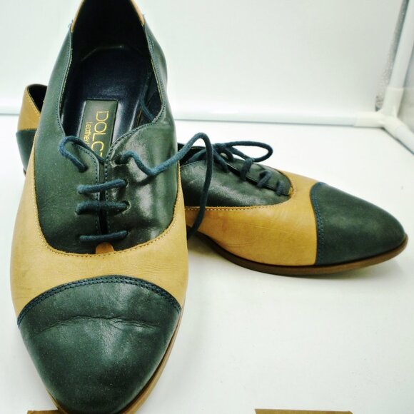LEATHER DOLCIS TWO COLOR BROWN NAVY LACED UP FLATS SHOES 7.5 - Picture 1 of 4